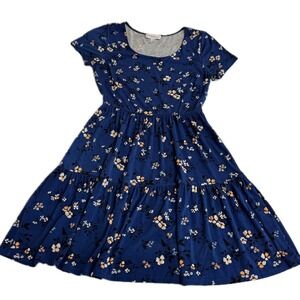 Gilli Dress Womens Small Blue Floral Tiered Mini‎ Short Sleeve Scoop Neck